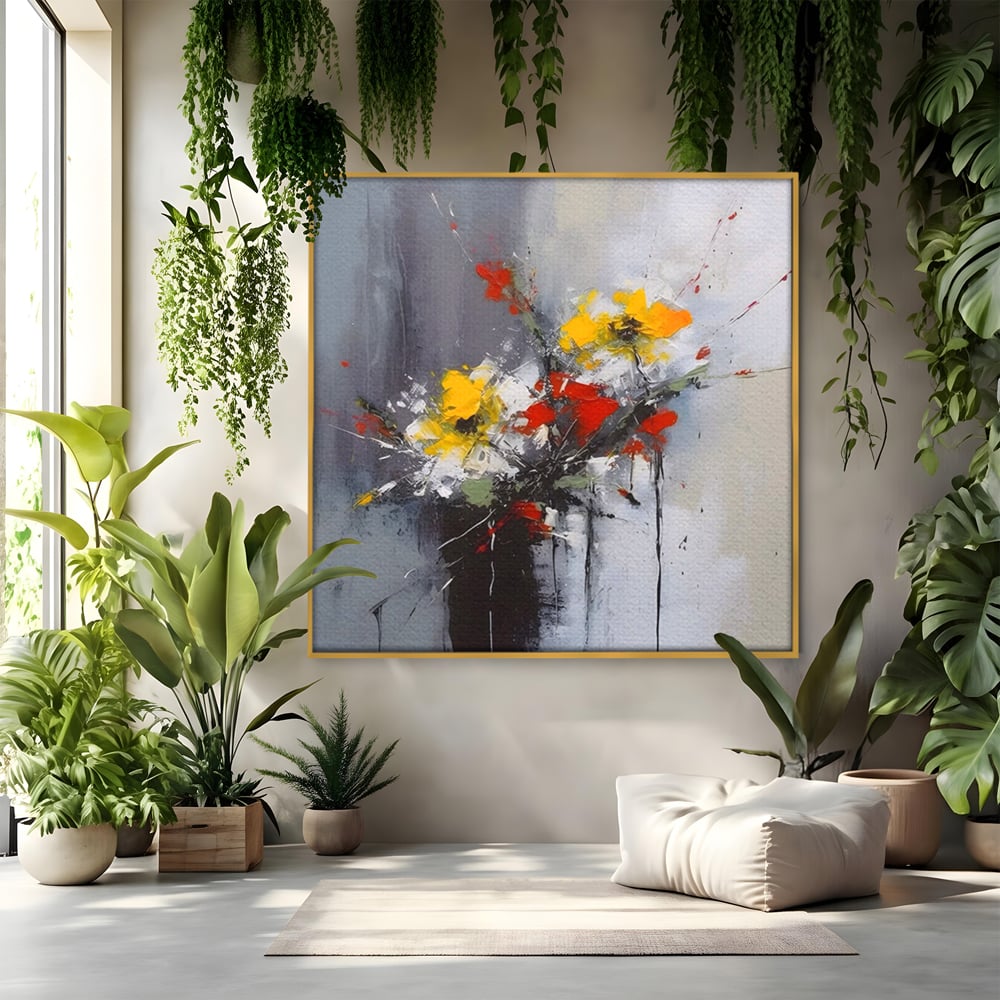 Tablou canvas cu tablou pictat abstract cu flori, in rama de aluminiu auriu